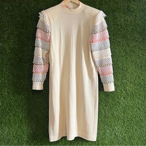 Unique Vintage Knit Dress Statement Sleeves Fringe Striped